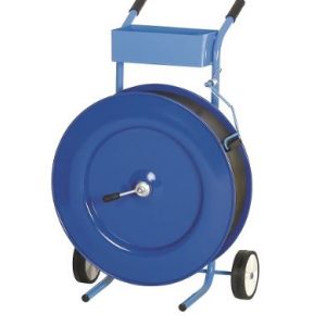 Abrollwagen für Kunststoffband – manuell fahrbar, mit Bandbremse und Ablagefach, Kern-Ø 407 mm